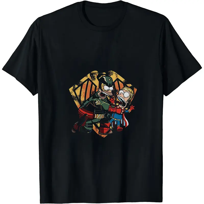 100% Cotton The Boys * The Simpsons Crossover Tee, Soldier Boy vs Homelander Cartoon Meme, Dual Fan Casual & Convention Shirt The Boys Simpsons-Style Fight Tee, Retro Distressed Orange Background, Streetwear Casual Top for Daily Wear