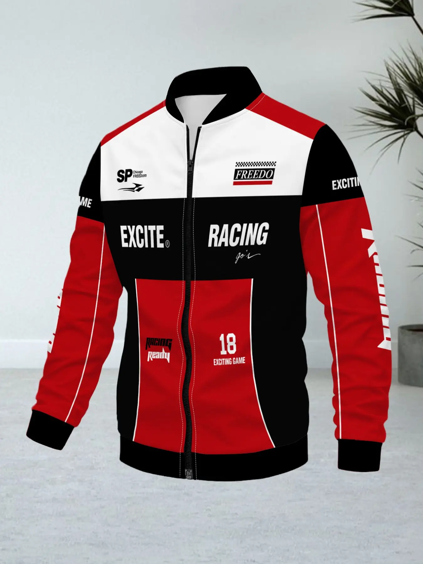 Men's Racing Motorcycle Baseball Jacket, Colorblock, Race Theme Letter Print, Zipper Open Front, Loose Fit Streetwear Outerwear