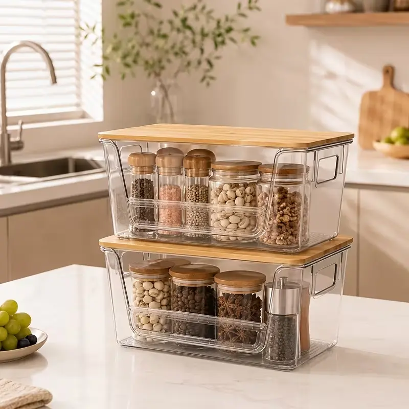 Criusia Multiple Cube Shape Reusable Stackable Plastic Food Storage Containers with Lids - Transparent Kitchen Canisters for Home Use, Fruits, Vegetables
