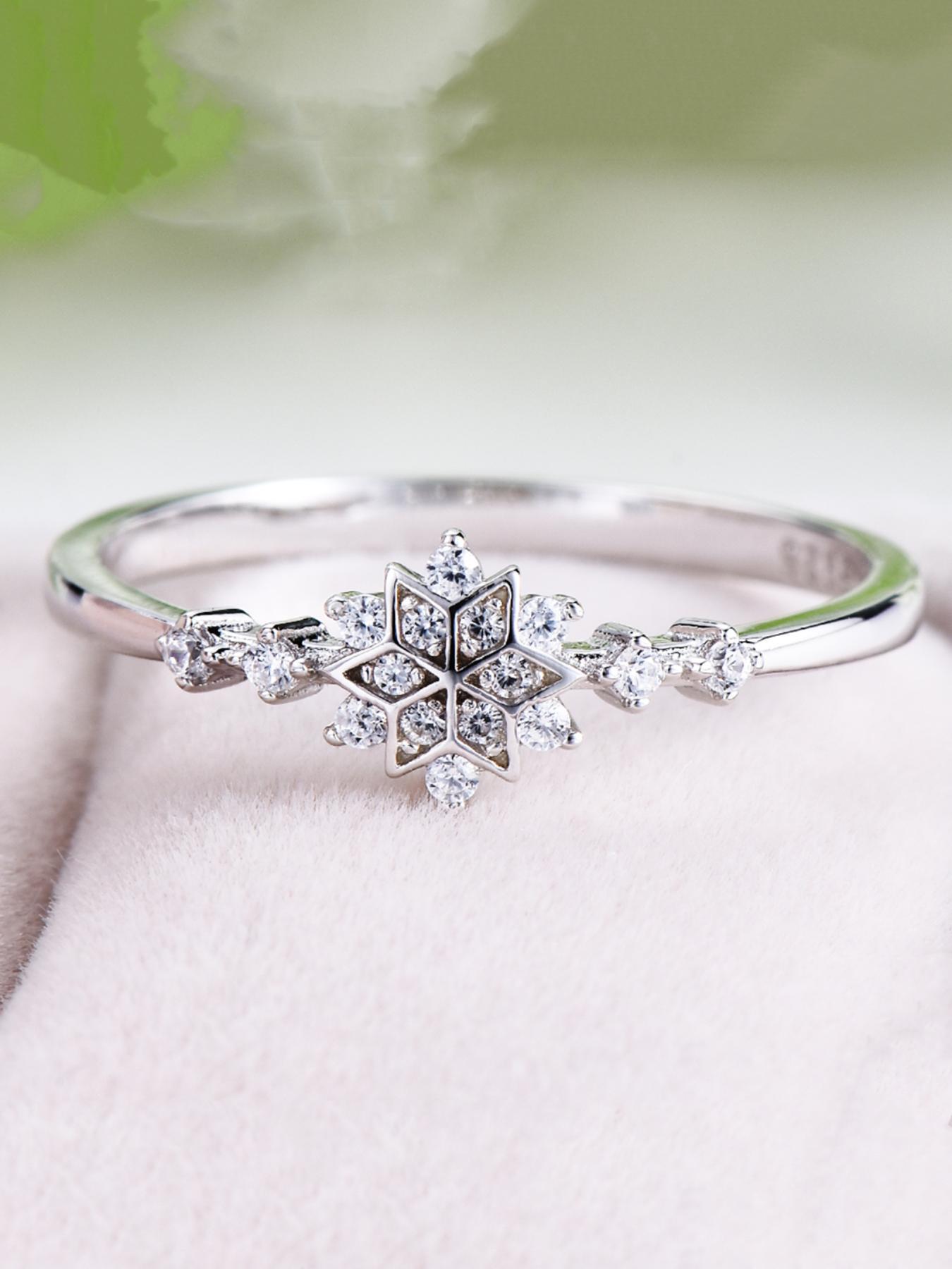S925 Sterling Silver Snowflake Design Ring, Rhinestone Decor Wedding Engagement Ring, Fashion Accessories for Women & Girls, Trendy All-match & Exquisite Jewelry for Birthday Gift, with Box