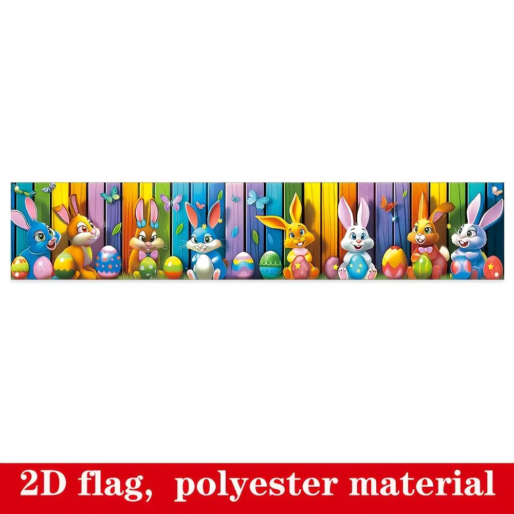 2D Flat Banner HD Digitally Printed Polyester Photography Backdrop, Colorful Wooden Fence with Cute Bunnies and Easter Eggs, Soft Lightweight Foldable Machine Washable for Easter Spring Party Decorations, Photo Booth Props, and Ev