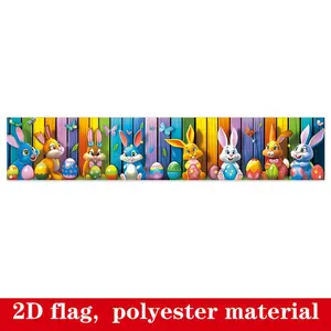 2D Flat Banner HD Digitally Printed Polyester Photography Backdrop, Colorful Wooden Fence with Cute Bunnies and Easter Eggs, Soft Lightweight Foldable Machine Washable for Easter Spring Party Decorations, Photo Booth Props, and Ev
