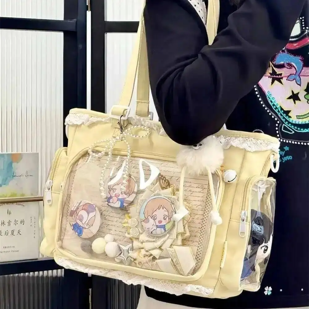 New Nylon/Polyester Ita Bag for Lolita Girls - Transparent Large-Capacity Shoulder Tote, Crossbody, DIY Display Casual Handbag