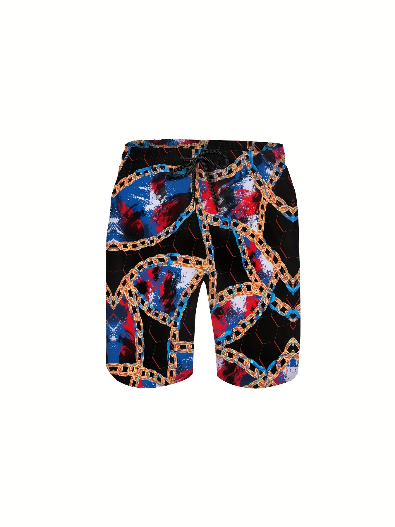 3pcs Men'S Hawaiian Shirt And Short Set, Golden Chain Luxury Baroque Graffiti Style Soft Fabric Breathable Shirt Button Short Sleeve Casual Beach Shirts Outfits With Bucket Hats