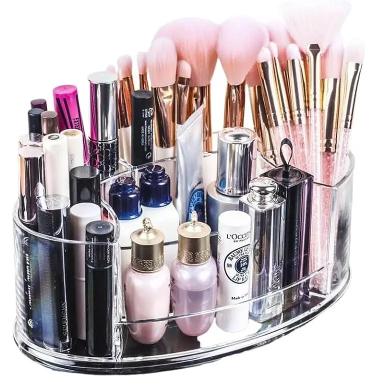 Makeup Organizer, 9” x 5” Compact  Holder with Brush and Lipstick Storage, Clear Display Case for , Countertop, or Bathroom - Elegant and Space-Saving Design