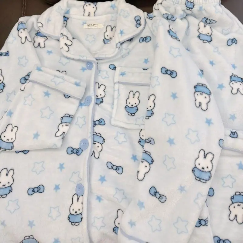 Cartoon Cute Miffy Coral Fleece Open-Front Cardigan Pajama Set for Women Thickened Fluffy Homewear Warmth & Cozy Outdoor/Indoor