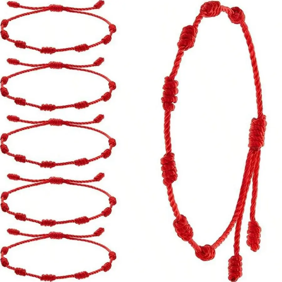 6PCS Red Cord Bracelet, Adjustable 7-Knot Amulet for Protection, Evil Eye and Good Luck