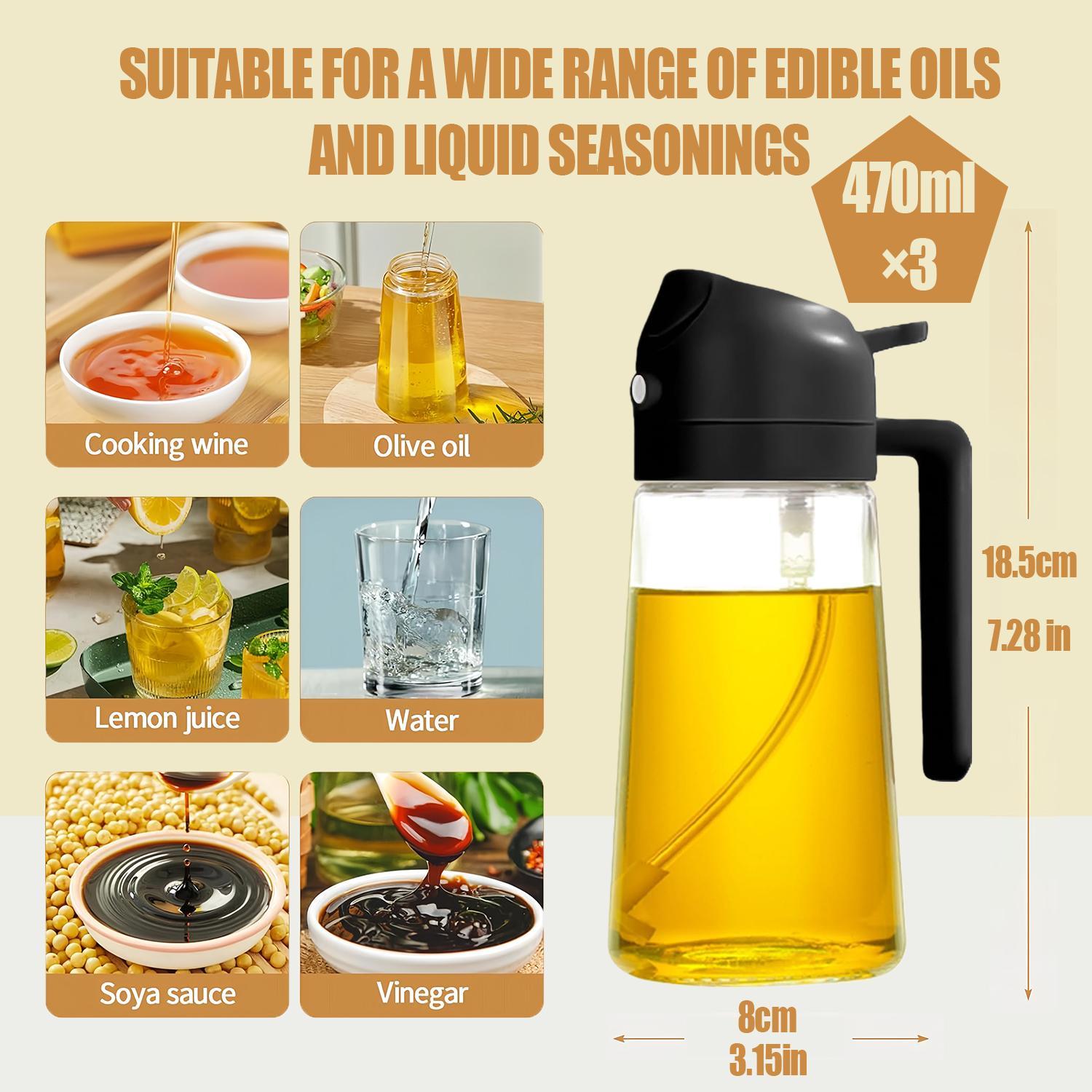 3Pack Premium Glass Oil Sprayer 470ml 2 in 1 Dispenser, Ergonomic Handle Oil Bottle for Portion Control, Versatile Kitchen Gadget for Air Fryer Grilling Salad Baking, BPA-Free, Great Gift Idea(white,black,green)