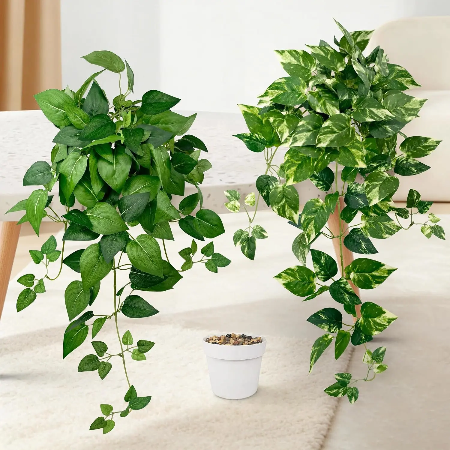 2 Pack Artificial Hanging Plants with White Pots 23.6'' |   Fake Pothos Potted Plants Faux Ivy Vines Realistic Greenery Hanging Fakeplants Indoor for Home Decor, Bathroom, Office