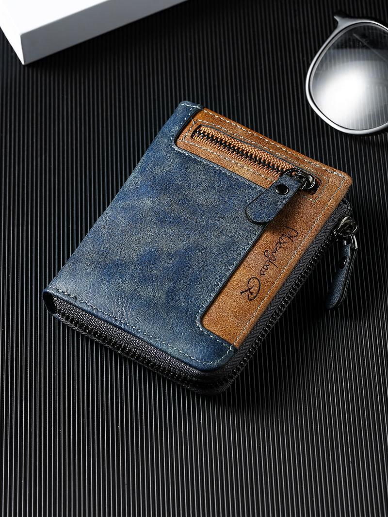 Premium Men's Short ID Card Holder Billfold Casual Leather Zipper Coin Purse Multi-Card Slot Portable Wallet