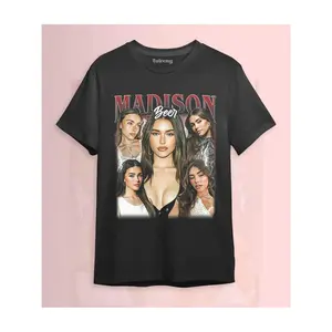Men’s Madison Beer Five Shot Portrait Red Gradient Varsity Letter Lightning Accent Vintage Bootleg Graphic Crew Neck Short Sleeve T Shirt, Retro Pop Singer Concert Oversized Regular Fit Casual Streetwear Knit Pullover Top Spring Summer Fall Pop Fan Tee