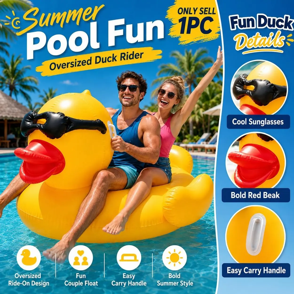 71IN Giant Inflatable Ducky Pool Float, Fun Summer Ride-On Duck Float with Sunglasses Design, Oversized Stable Water Lounge Chair with Wide Seat and Supportive Wings for Adults, Women, Pool Party, Beach, Lake, Backyard, Vacation Relaxing