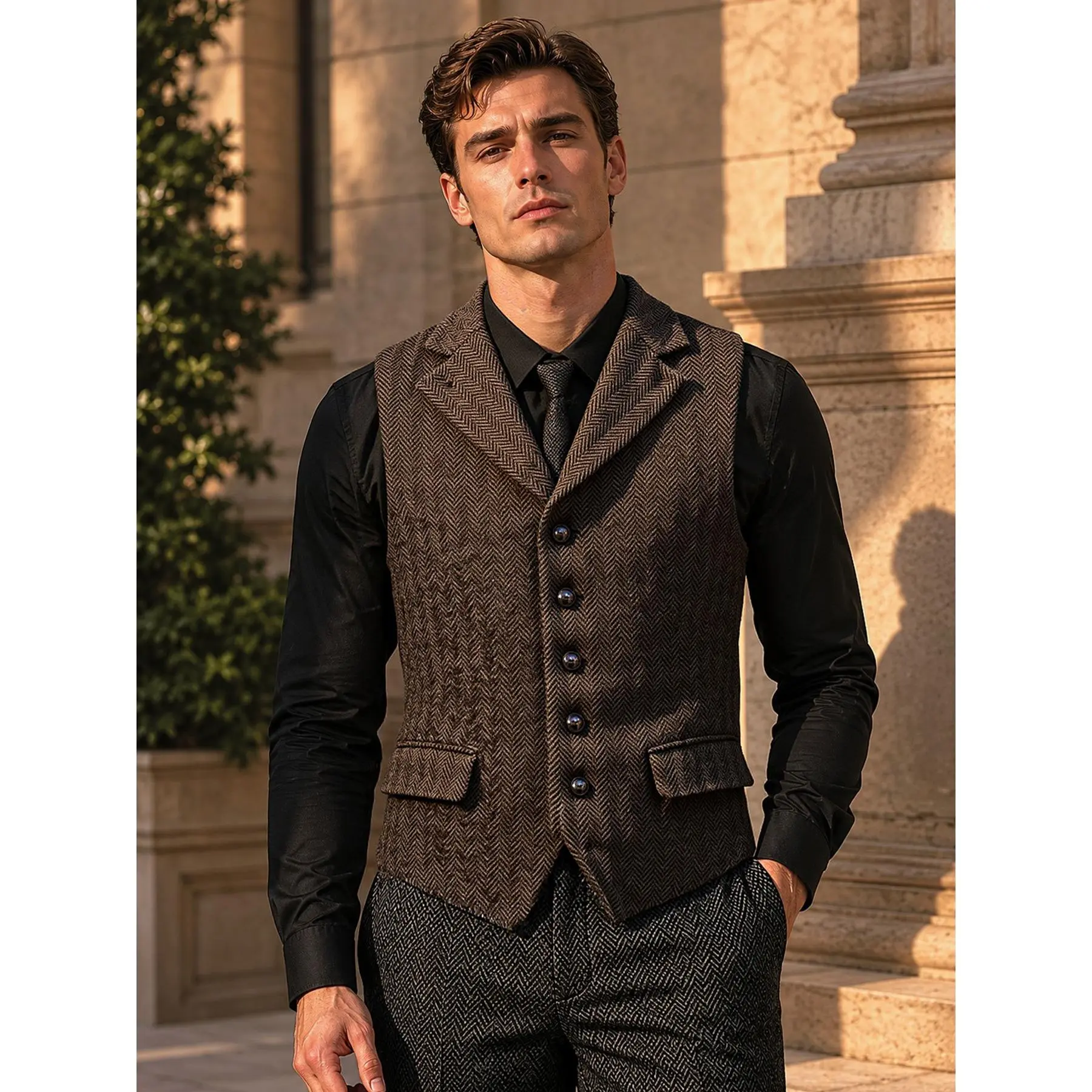 Men's Herringbone Tweed Suit Vest - Single-Breasted High Neck Slim Fit for Groom Wedding Prom Party