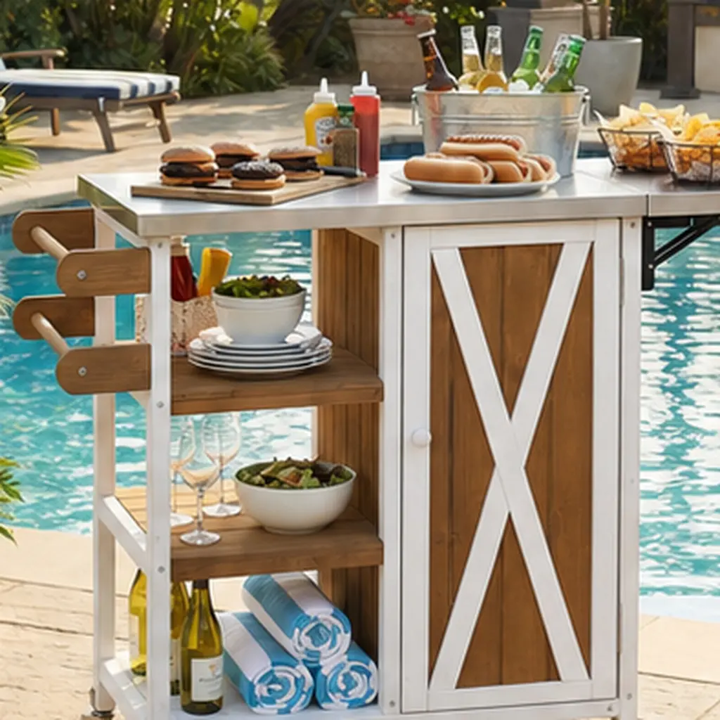 ARCH Foldable Outdoor Kitchen Island Cart with Stainless Steel Worktop, Solid Fir Wood Prep Station with Storage Cabinet, Open Shelves, Towel Rack, and Lockable Wheels for Patio, Garden, and Balcony, Brown+White, Brown+White Color Options, 15.00 W X 39.70