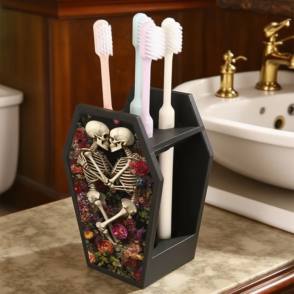 1PC Black Coffin Shaped Toothbrush Holder Organizer, Vintage Floral Embracing Couple Skeleton Gothic Decor For Bathroom Sink Vanity Halloween Wedding Valentine Home Storage