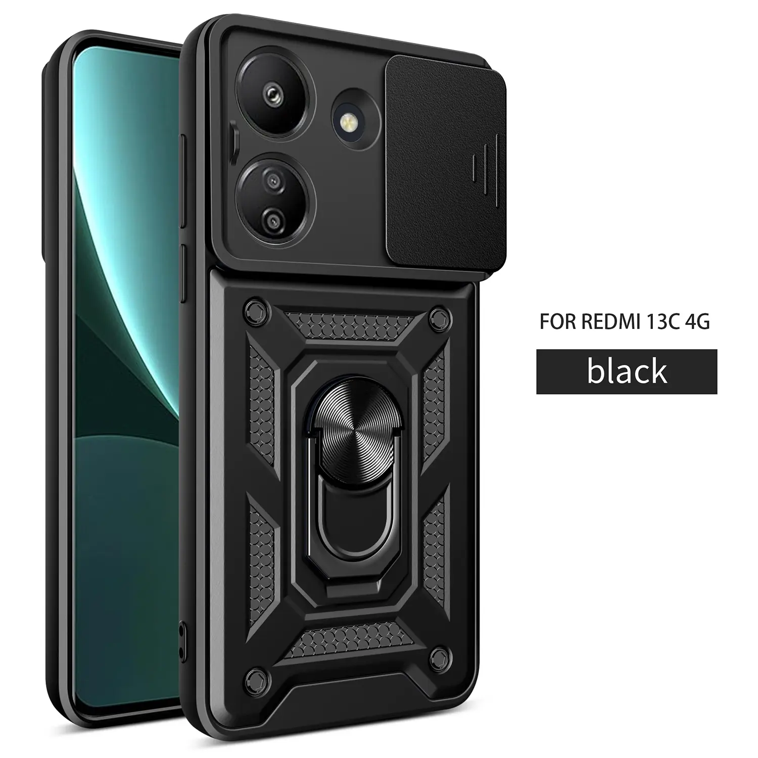 Case for Xiaomi Redmi 13C 4G/POCO C65 4G Dust-Proof Lens Cover, Shockproof Dual-Layer, Adjustable Ring Stand, Protective for Xiaomi Redmi 13C 4G/POCO C65 4G Phone Case