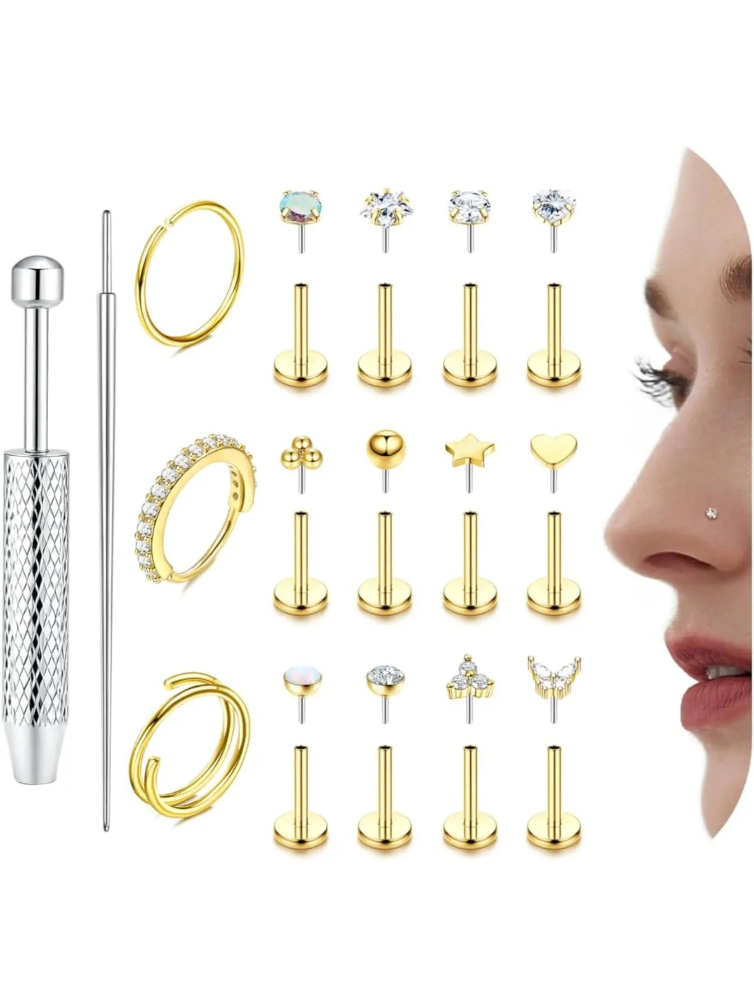 14K Gold Nose Rings Studs for Women Men Surgical Steel Threadless Push in Nose Piercings Flat Back Hypoallergenic Gold Nose Ring Hoop Stud Cartilage Tragus Conch Lip Helix Piercing Jewelry Body Jewellery Gold/Silver 18G 20G High Quality Jewelry
