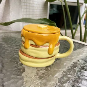 Creative Stacked Pancake Ceramic Mug with Lid, 3D Buttered Pancake-Shaped Coffee Cup, Large Capacity, Ideal Gift for Friends and Family