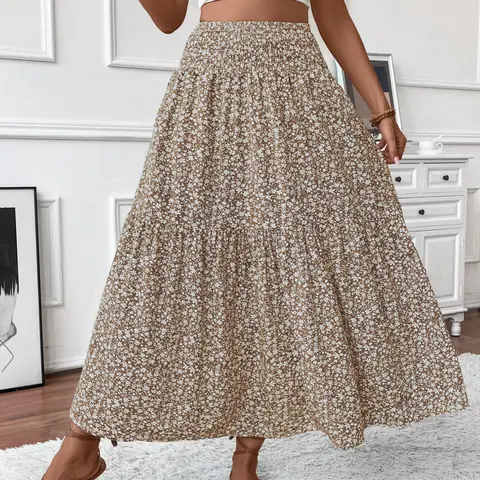 Women's Layered Tiered Flowy Floral Print Casual Chic Bohemian Boho Skirts Womenswear Loose Fit Maxi Skirt with Elastic Waist, Pleats, and Pockets, Bottom