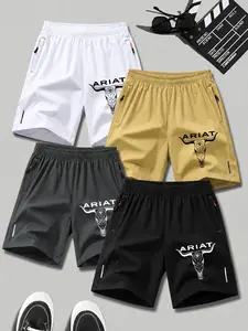 4-Pack Quick-Dry Shorts, Ideal for Gym Training & Summer Outing, Ariat Letter Bull Print, Breathable Fabric, Unisex Sporty Style