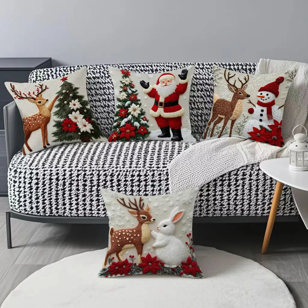 Christmas Cushion Cover Set, Holiday Reindeer Rabbit Decorative Sofa Pillows, Linen Material Festive Home Decoration Accessories