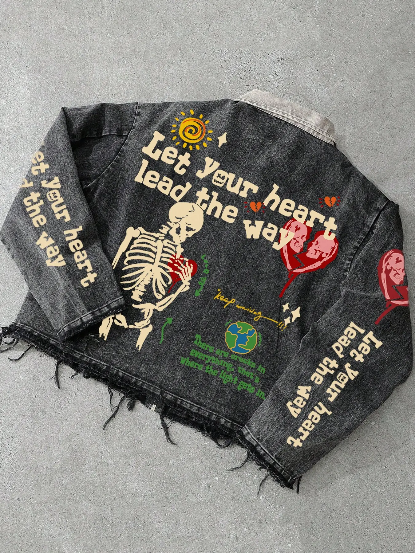 Men's Y2K grunge punk printed denim jacket, vintage denim coat, with skull and slogan prints on the back and sleeves, raw hem boxy silhouette and button-front streetwear outerwear, ideal for Halloween, skate sessions, casual daily looks, Versatile wear