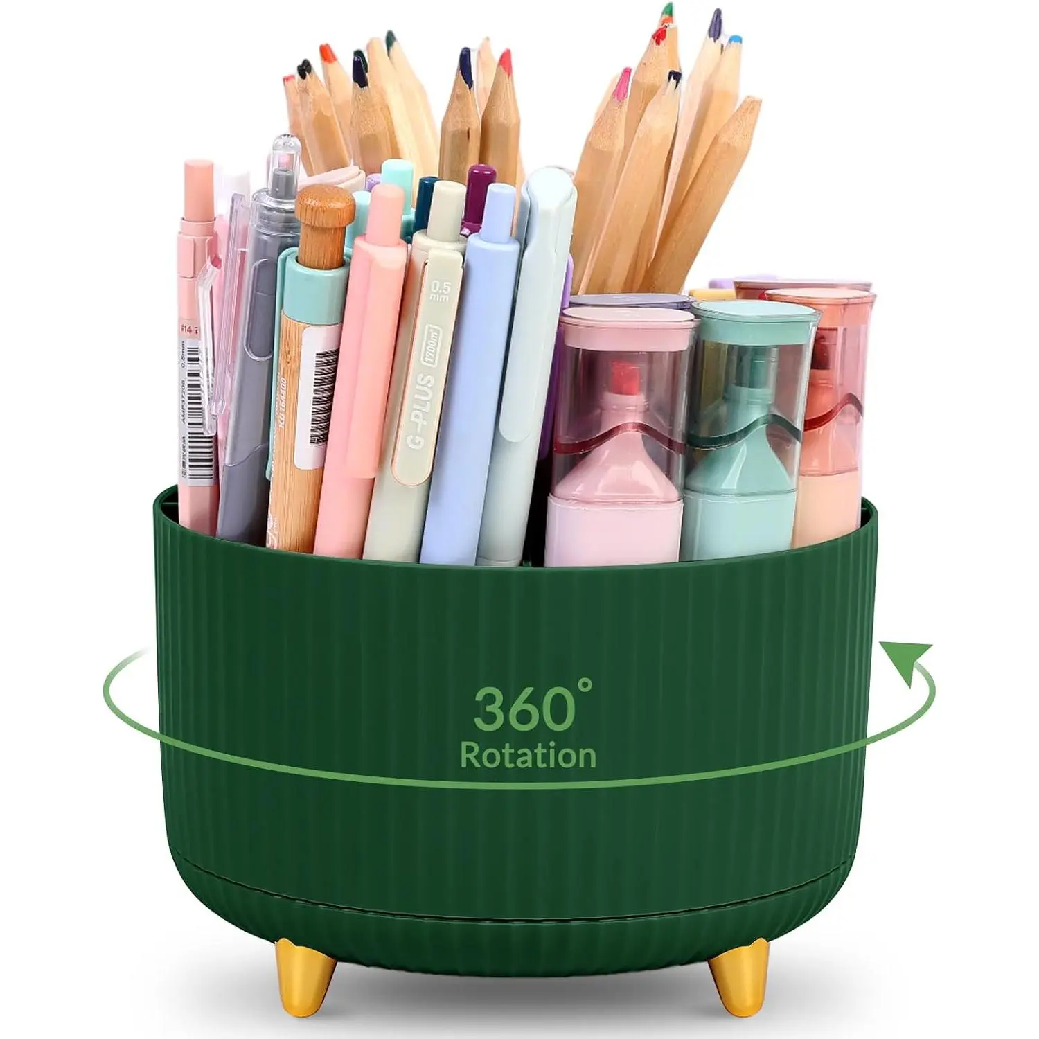 Pencil Pen Holder for Desk, 5 Slots 360- Rotating Desktop Organizer, Cute Desk Organizers and Accessories for School, , Office and Art , Mint Green