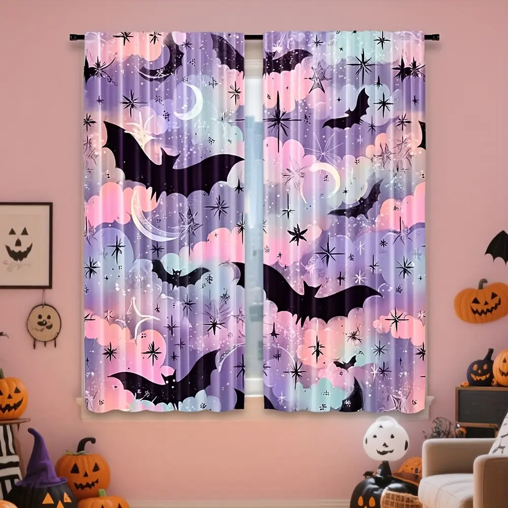 Gothic Look 2-Piece Bat Print Semi-Transparent Roller Blinds, Soft Light Textured Panels, Thermal Polyester Curtains, Machine Washable for Living Rooms, Bedrooms