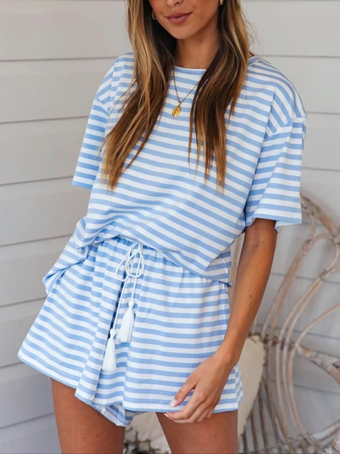 Women's Striped Print Top & Shorts Relaxed Fit Loungewear Two-piece Set, Casual Round Neck Short Sleeve Top & Drawstring Waist Shorts Pj Set, Ladies Summer Sleepwear, Striped Print Bottoms, Pastel Cute Pajamas, Pastel Pj Set