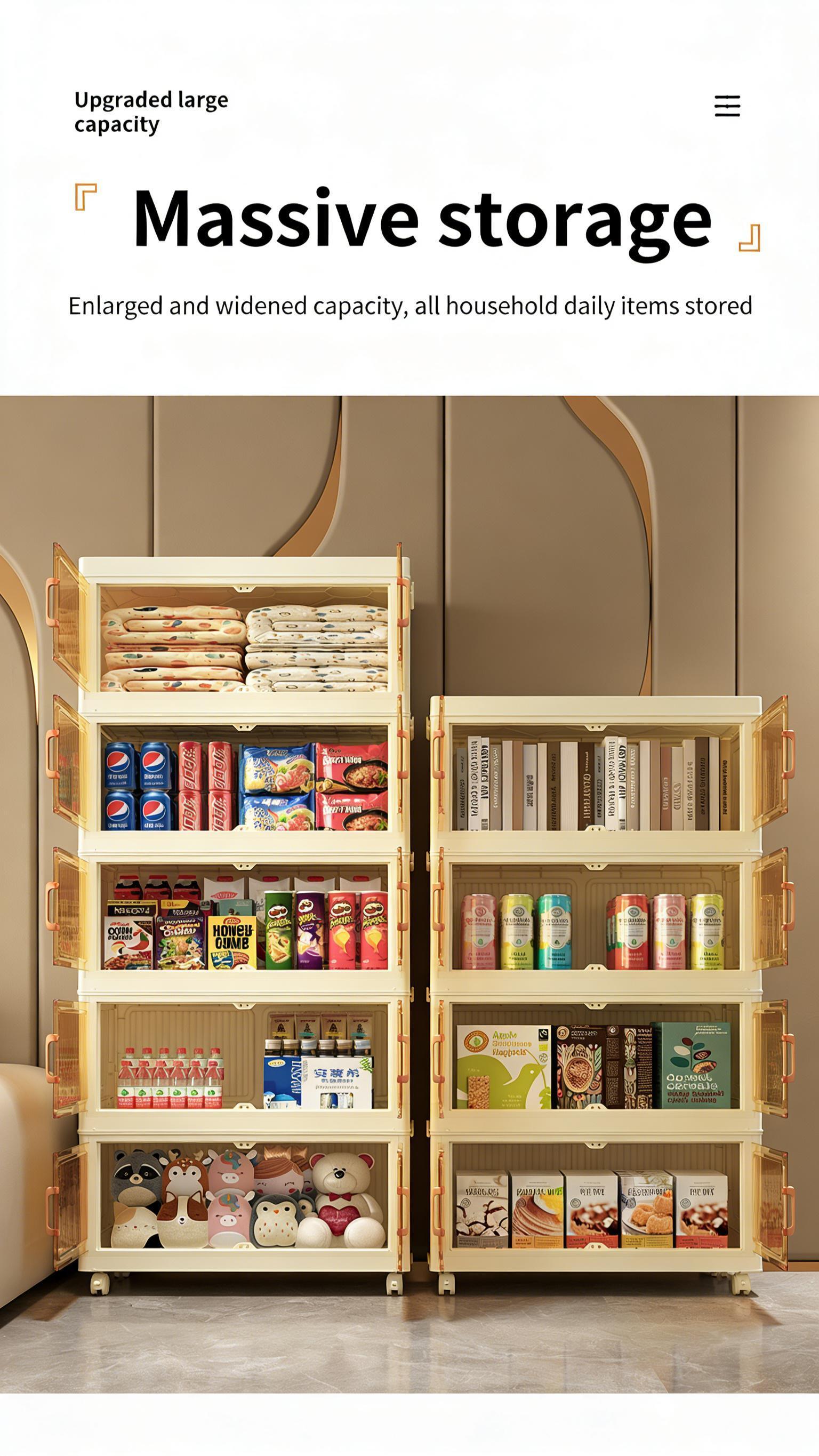 4 Tier Folding Storage Containers with Wheels, Stackable Collapsible Plastic Bins, Durable Organizer for Kitchen Pantry and Closet