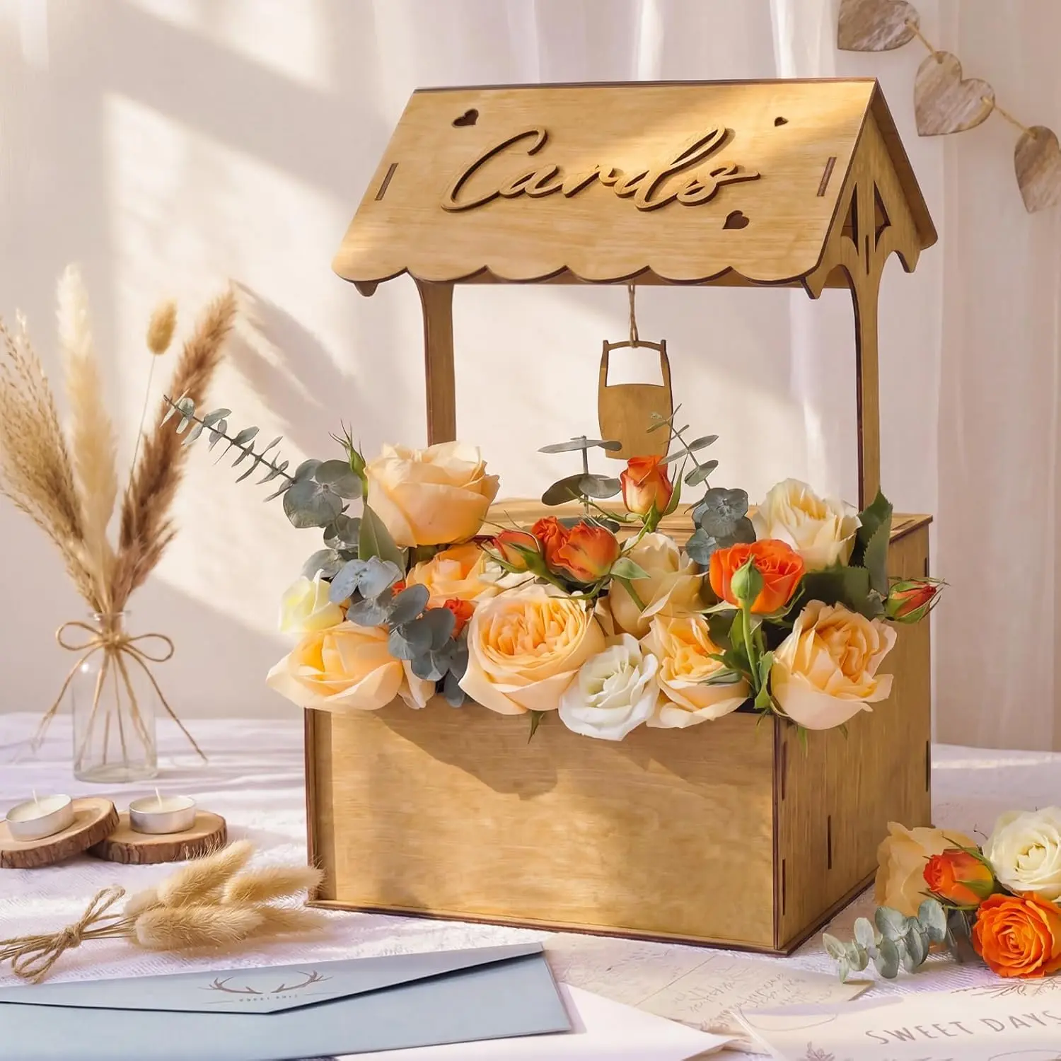 OurWarm Wooden Wishing Well Wedding Card Box with Lock & Flower Trough, Brown Wedding Card Boxes for Reception, Rustic Box for Cards at a Party for Birthday Graduation Baby Shower Reception Decor