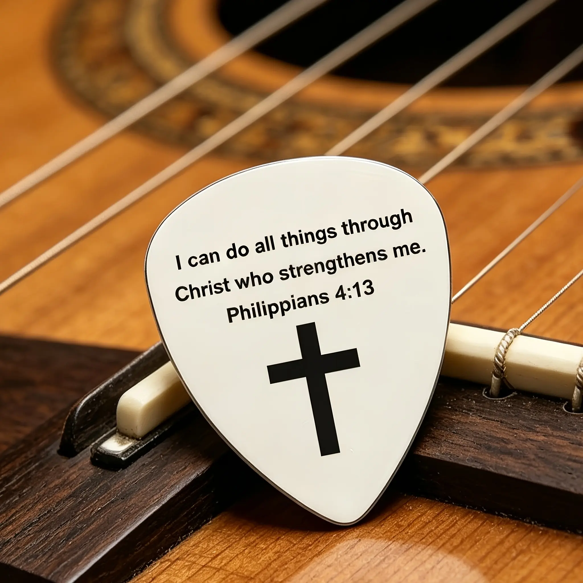 Stainless steel guitar pick Accessory, lettering I can do all things through Christ who strengthens me. Philippians 4:13 Stylish and simple style, a great gift for family, friends, music lovers, brothers and sisters