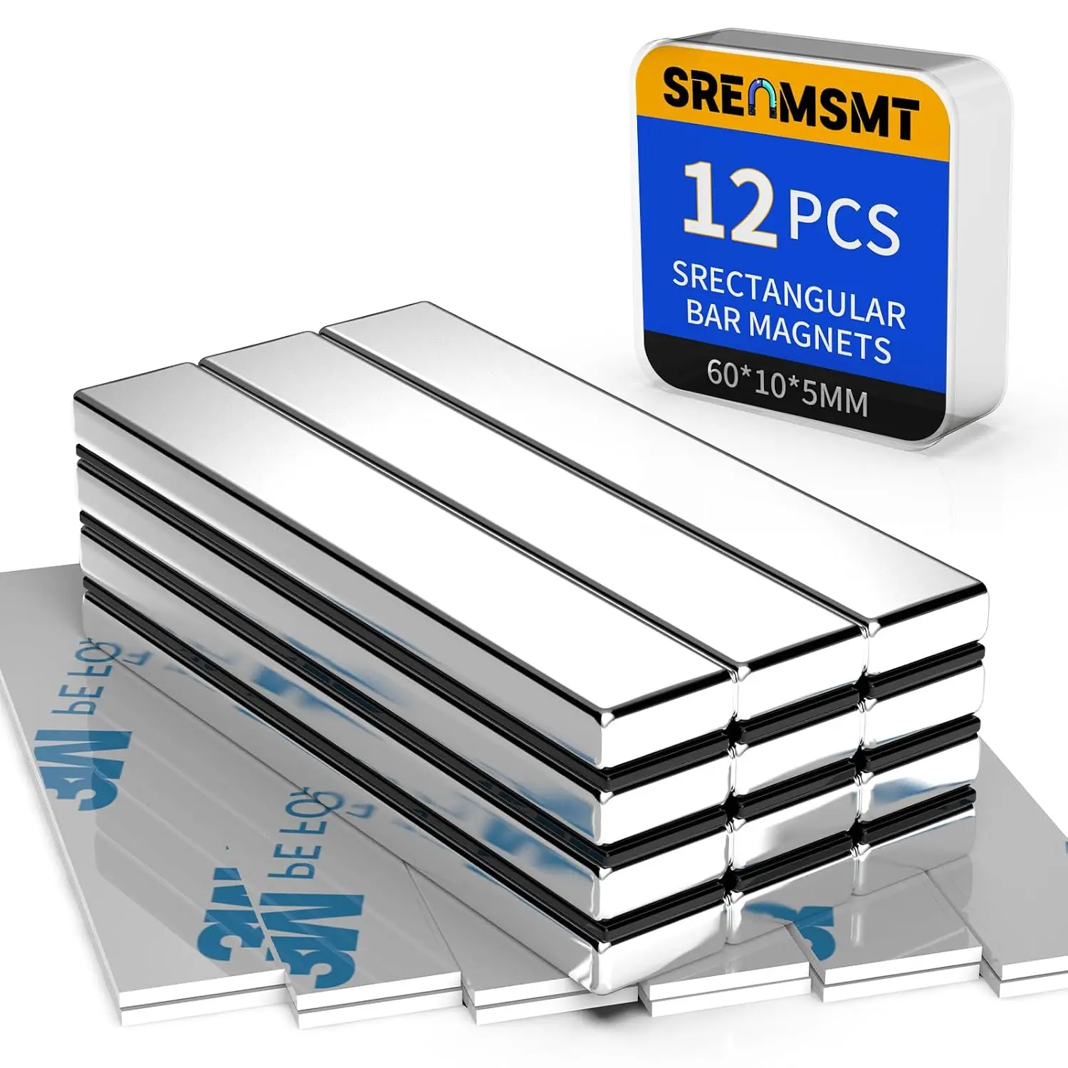 Neodymium Bar Magnets, 12 Pack, N52 Duty, Rectangular Magnets, Small for Fridge, DIY,,, Science, Craft, Office-60x10x5mm