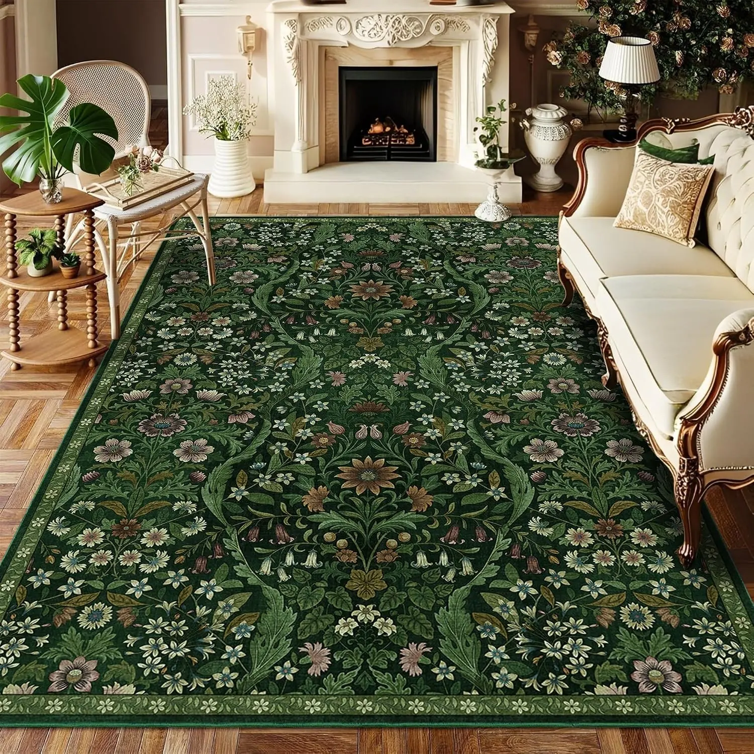 5×7 Dark Green Washable Floral Area Rug,Vintage Boho Soft Low-Pile Living Room Rugs, Stain Resistant Botanical Non-Slip Carpet for Bedroom,Dining Room, Kids Nursery,Home Decor