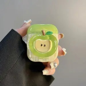 BeadBreath Cute 3D Apple AirPods Case with Charm, 2Pcs Clear Protective Cover, Kawaii Fruit Design Earbud Case with Keychain