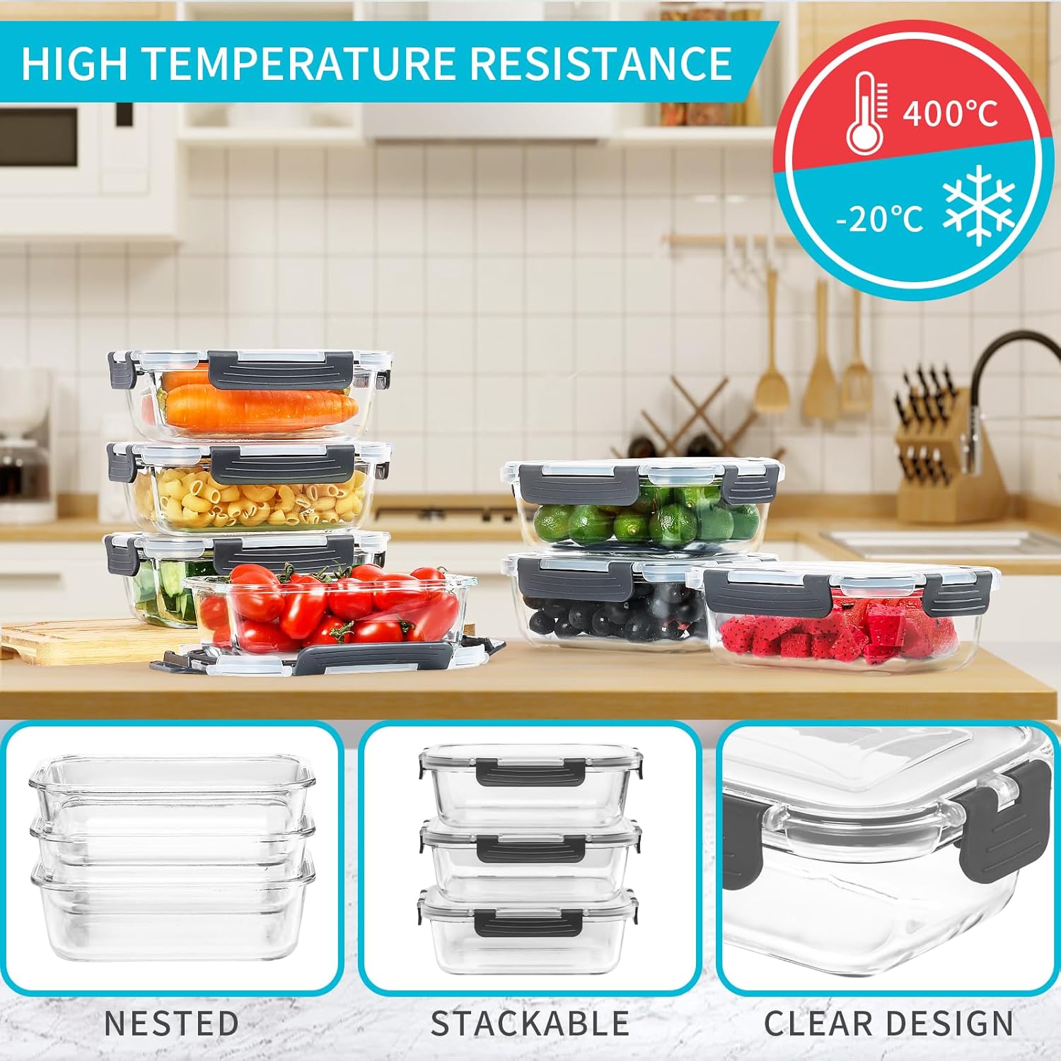 5pcs Stackable Refrigerator Storage Containers with Sealing Lids - High Transparency PET, Reusable & Durable for Fruits, Vegetables, Meats - Ideal for Kitchen, Cabinet & Fridge Organization, Refrigerator Organizers and Storage