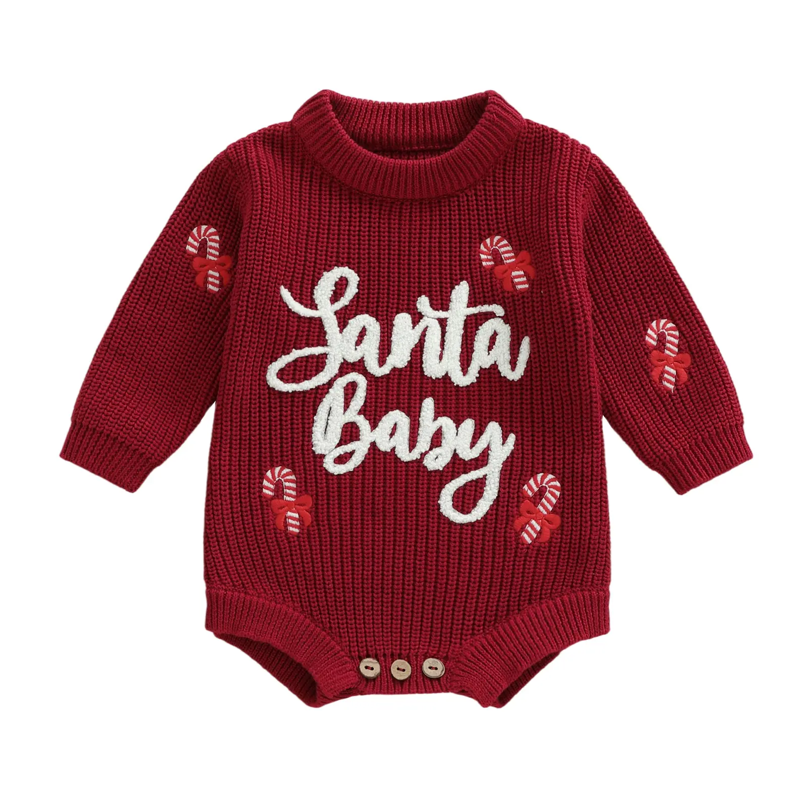 Baby Girl Christmas Sweater Romper Letter Candy Cane Embroidery Round Neck Long Sleeve Knit Jumpsuit