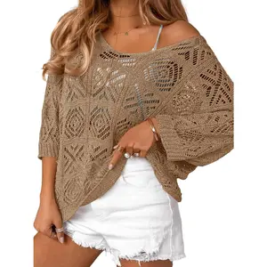 Womens Crochet Cover Up Top Summer 3/4 Sleeve Off Shoulder Sweater Shirts Mesh Boho Beach Swimsuit Coverup(Gift)
