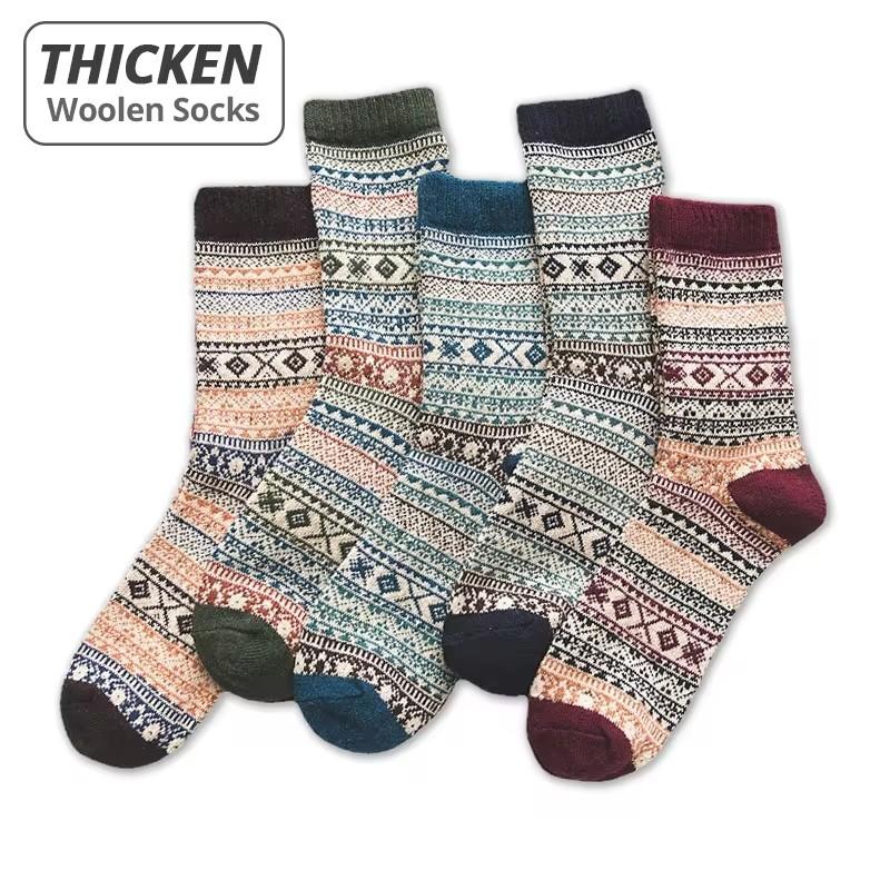 5 Pairs Winter Men's Socks Thicken Wool Socks Warm Men Retro Style Colorful Fashion Man Socks For Snow Boots EU Size 38-44