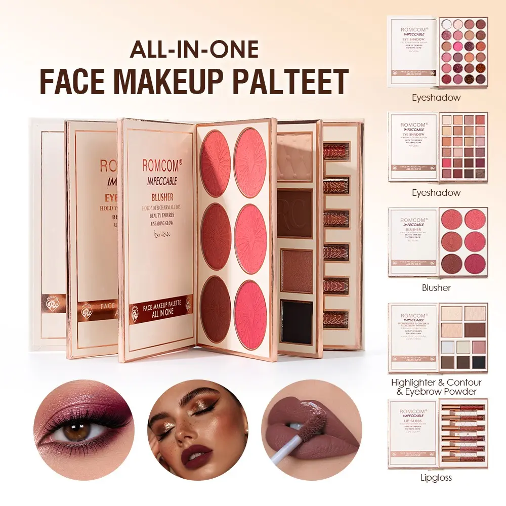 Portable All In One Full Face Makeup Palette, 5 Pages Integrated Cosmetic Set, Includes Shimmer Matte Eyeshadow, Floral Embossed Blush, Contour & Highlighter, Brow Powder and Velvet Lip Gloss, Non-caking Sweat Resistant Makeup, Ideal Travel Cosmetic Case