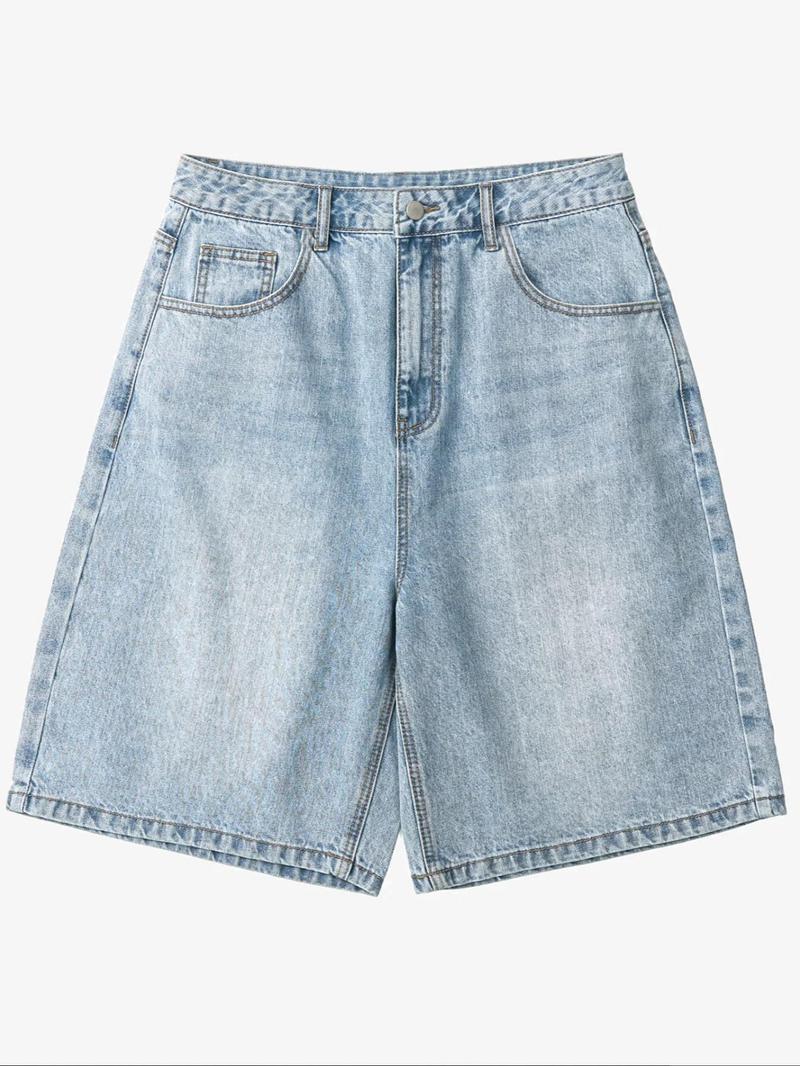Men's basic light blue washed loose straight denim shorts, casual, versatile and comfortable. Non-stretchy denim shorts with a regular straight fit. Those who prefer a loose wearing feel can order one size larger.