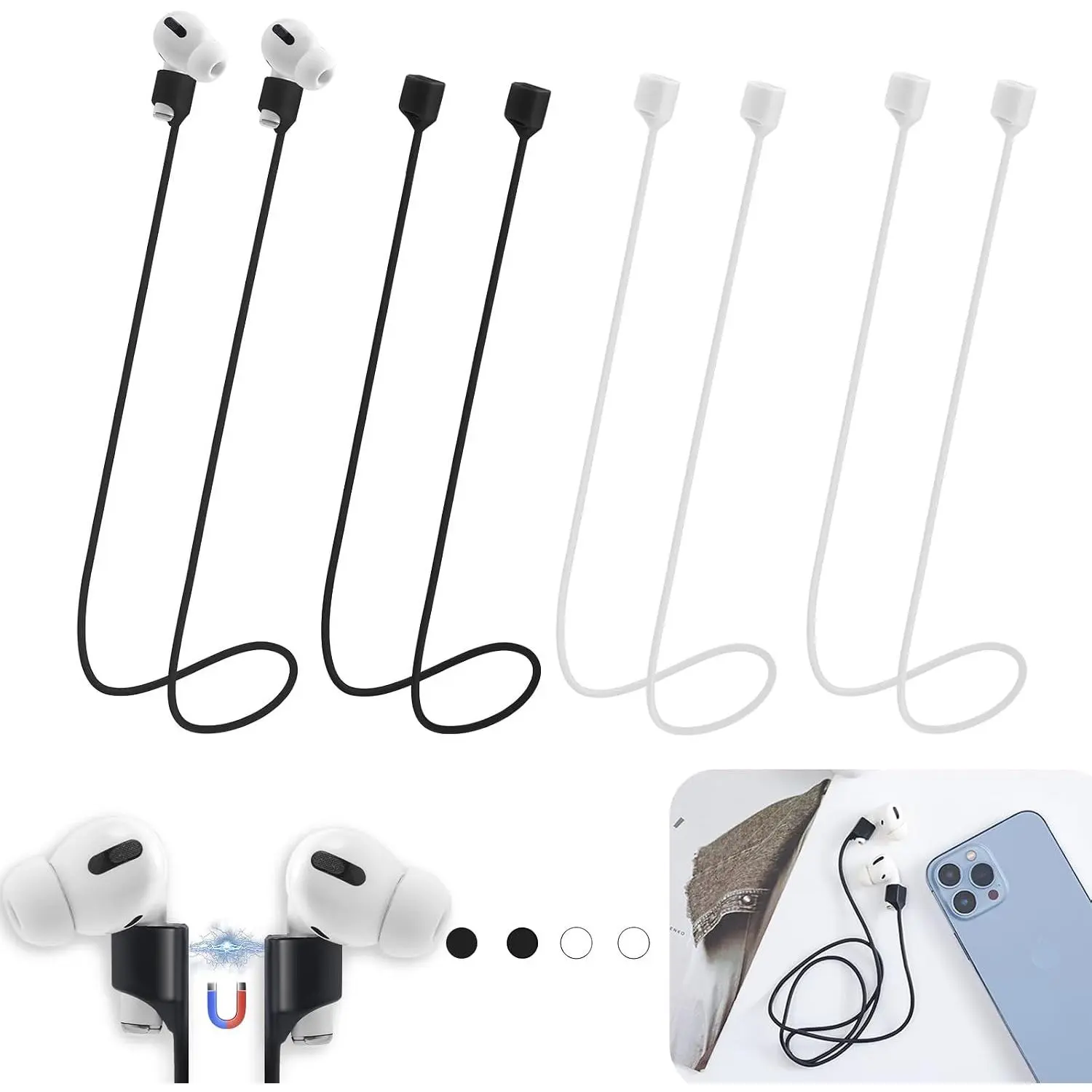 Anti-Lost Straps for AirPods,4 Pack Ultra   AirPods Strap Anti-Lost  Rope Cord,Soft   Lanyard Compatible with AirPods 1&2/ Pro /2nd/3rd (Black/White/Grey/Blue)