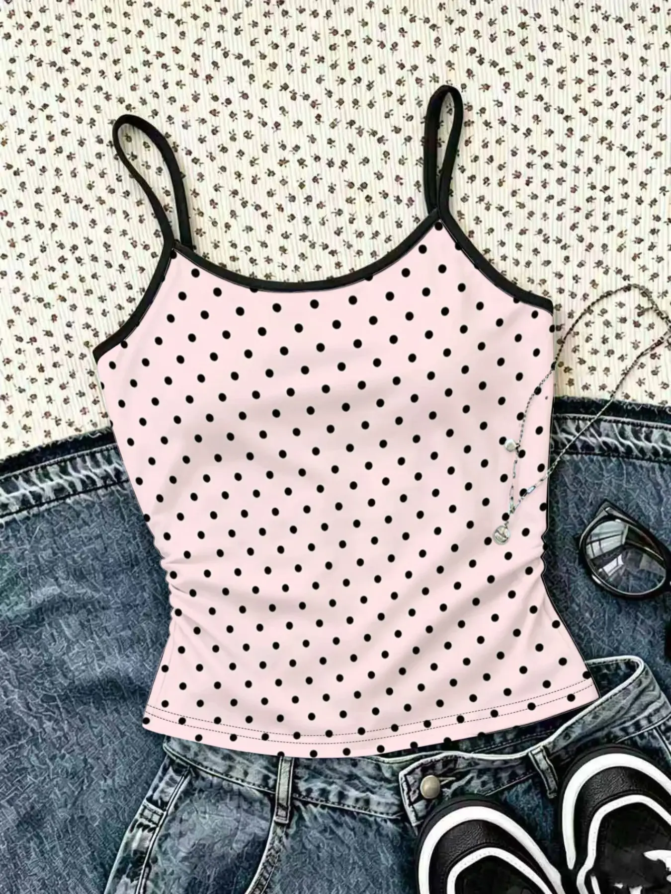 1-piece girls' light printed black polka dot suspender, adjustable black edge thin shoulder strap, side pleated slim vest, elastic soft knitting fabric, Y2K style, Casual summer sleeveless top, suitable for girls' travel, beach, campus wear