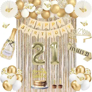 51Pcs 21st Birthday Decorations for Her Champagne Gold Happy 21st Birthday Decorations for Girls 21 Sash and Crown Banner Fringe Curtains Hanging Paper Fans 21 Year Old Party Supplies Set
