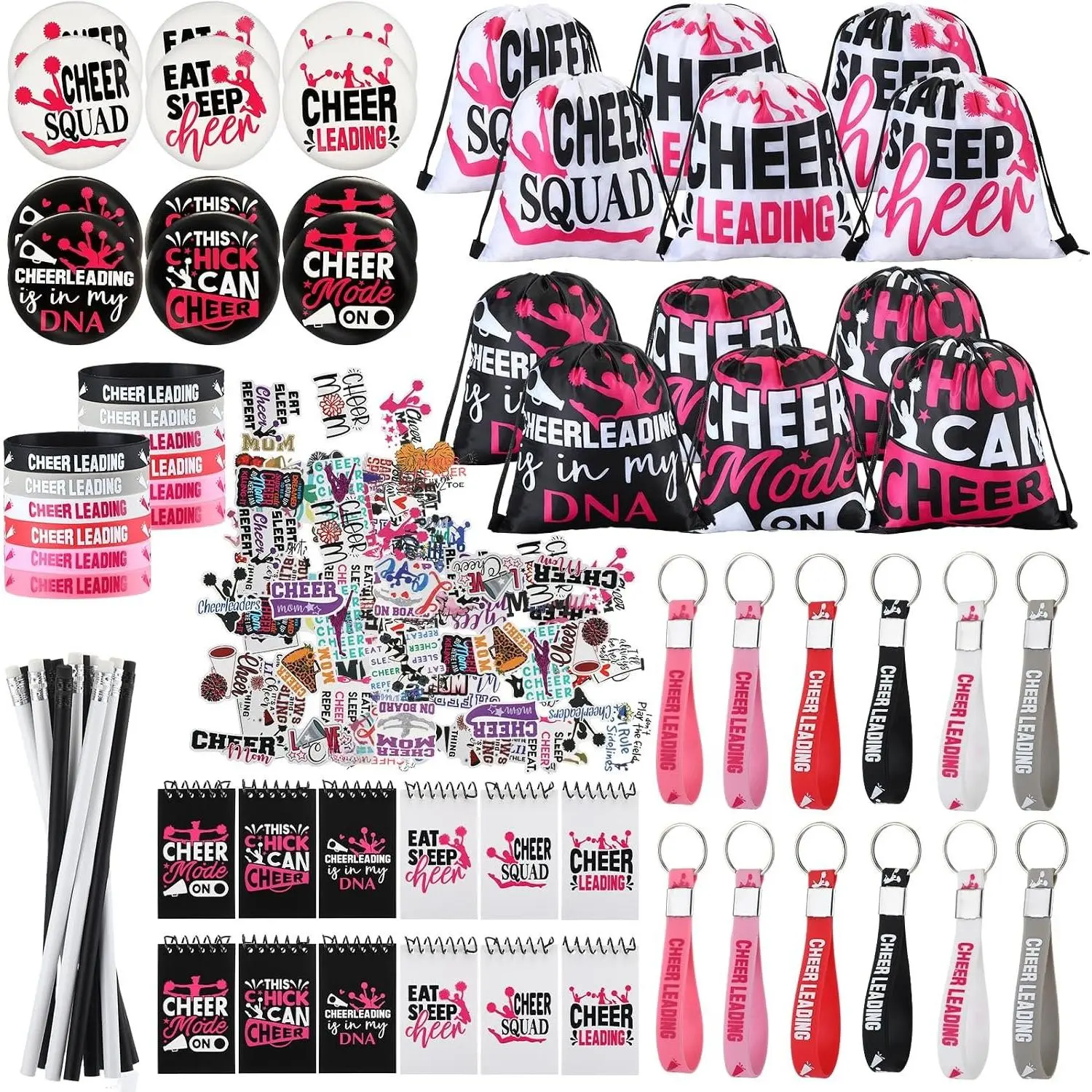 128 count Cheerleading Party Favors  Gifts for Girls  Drawstring Backpack Bags  Bracelets Badge Pins Sticker Pencils Spiral Notebooks for Birthday Party Supplies