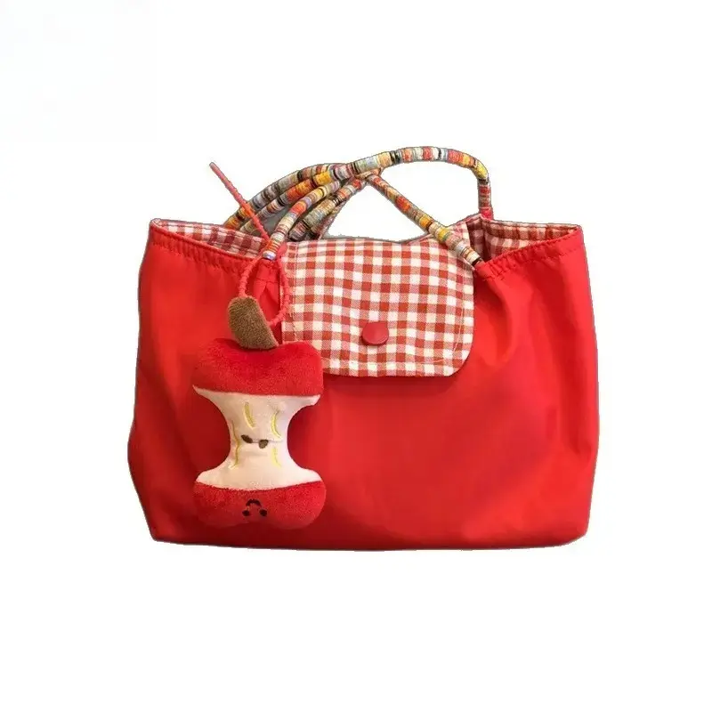 Kawaii Red Gingham Tote Bag for Women, Cute Apple Plush Charm Shoulder Bag, Large Capacity Canvas Handbag, Coquette Picnic Bag, Aesthetic Summer Everyday Carry Purse