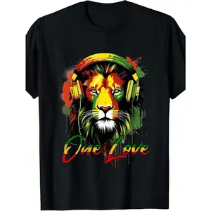 1pc Man's Colorful Lion Headphone Print Black TShirt Crew Neck Casual Cotton Tee Medium Stretch Knit Fabric Regular Fit For Boys Man Suitable For //