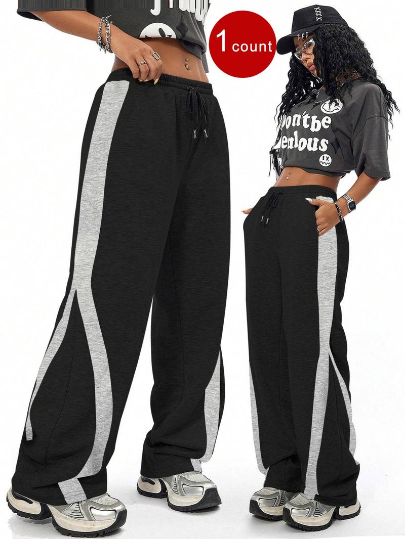 Women's Patchwork Side Stripe Drawstring Waist Sweatpants, Casual Elastic Waist Pocket Jogger Pants for Fall & Winter, Women's Trousers for Daily Wear, Baggy Pants