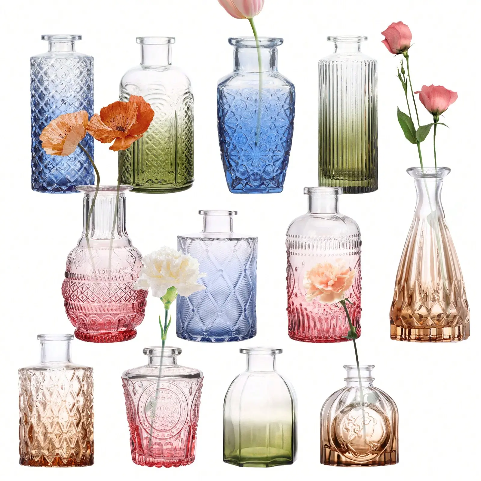 12 Pieces Assorted Color Glass Bud Vases, Vintage Small Colored Vases For Wedding & Home Table Centerpieces, Multicolor Decorative Vase Set (Amber, Blue, Green, Pink, Clear), Perfect Mother's Day Decoration & Gift