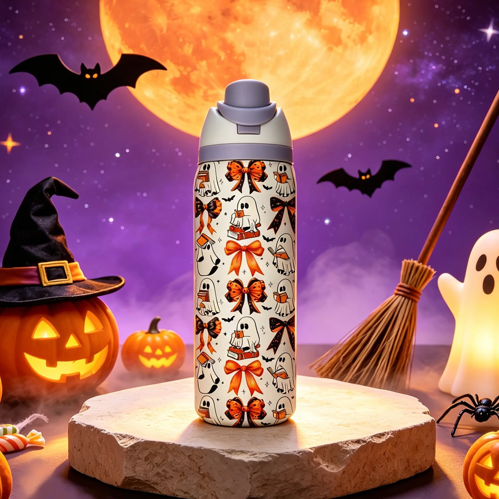 32oz Halloween Ghost Water Bottle, Stainless Steel Insulated Leakproof Tumbler, Dual Mouth, Large Capacity, Perfect Gift for Men and Women